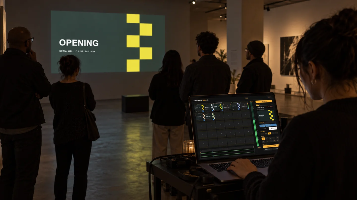 Illustrative gallery exhibition with a laptop operator and matching OPENING graphic on the wall projection