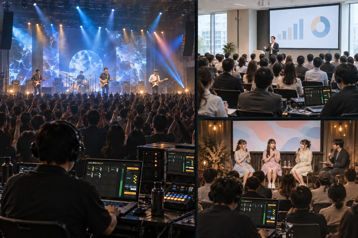 Illustrative collage: a large music concert, a medium-sized business seminar, and a small idol talk event, each with a media operator